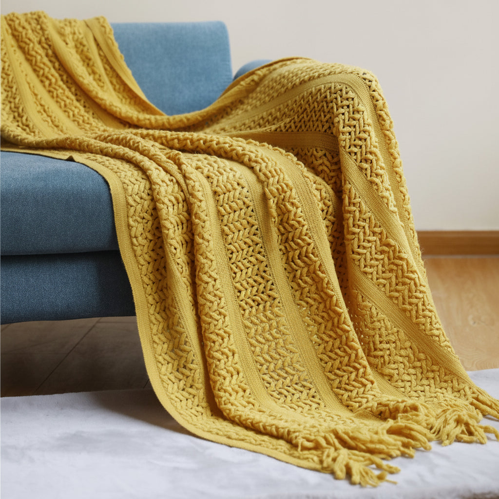 Détail de la maille tricotée et des franges nouées