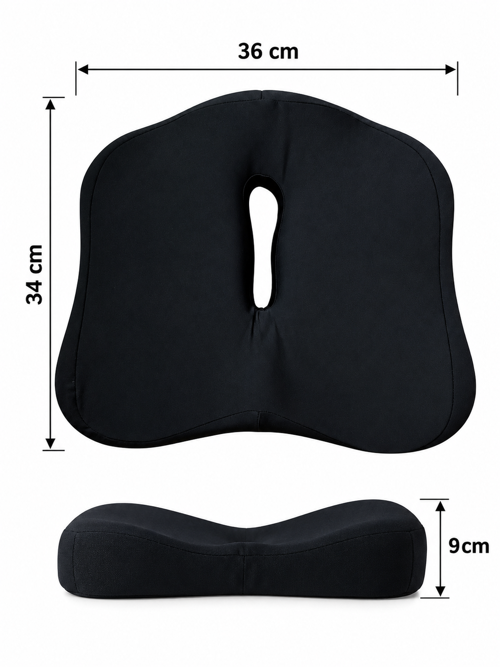 Dimensions du coussin coccyx : 34 cm de large, 36 cm de profondeur et 9 cm d'épaisseur
