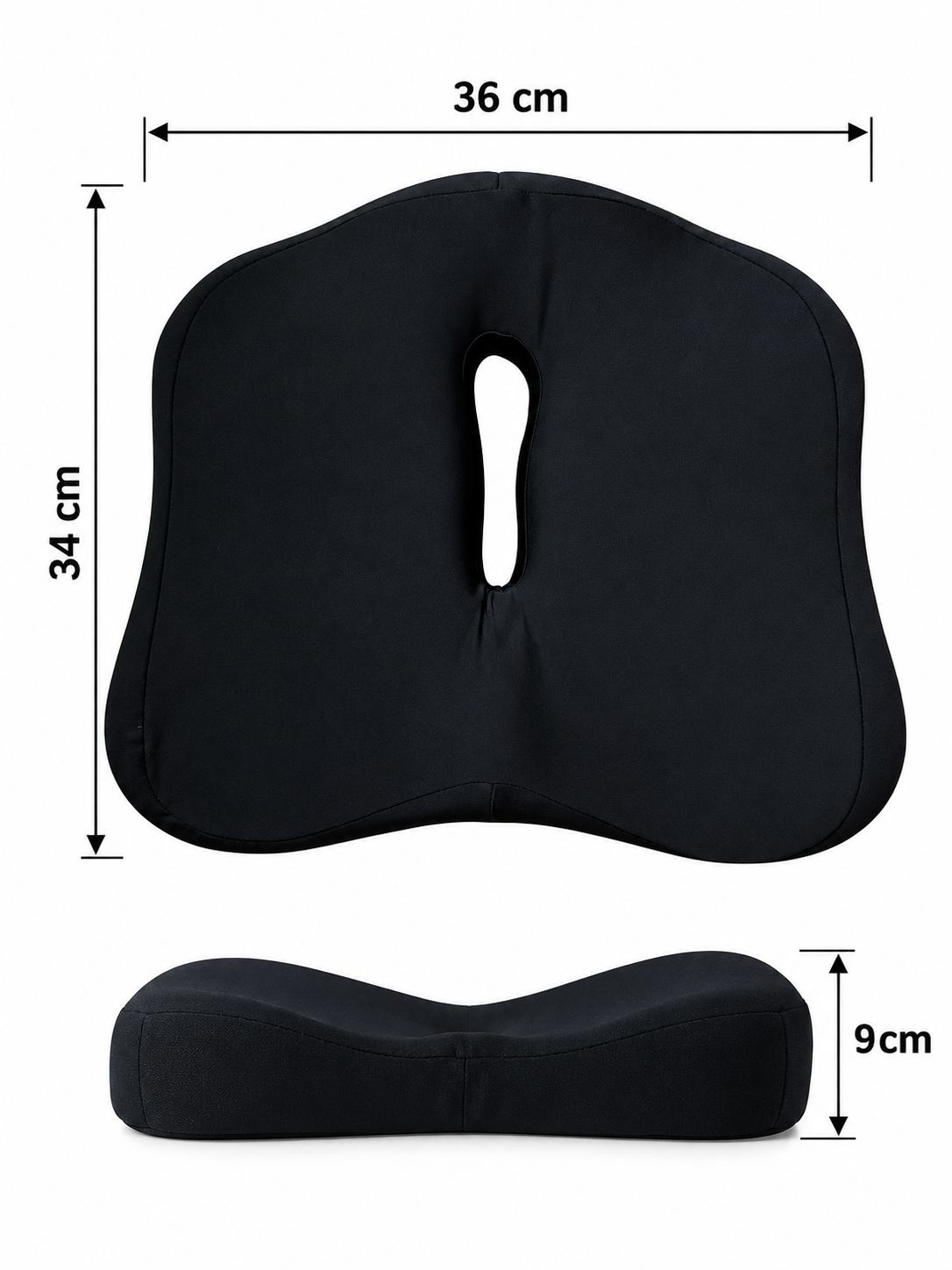 Dimensions du coussin coccyx : 34 cm de large, 36 cm de profondeur et 9 cm d'épaisseur