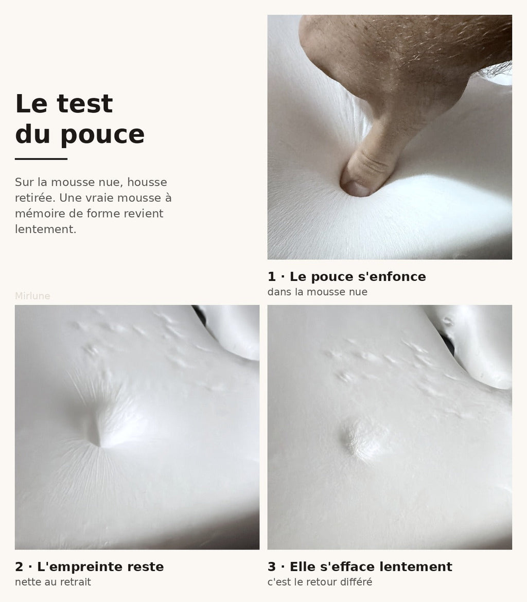 Test du pouce sur la mousse nue : le pouce s'enfonce, l'empreinte reste nette, puis elle s'efface lentement