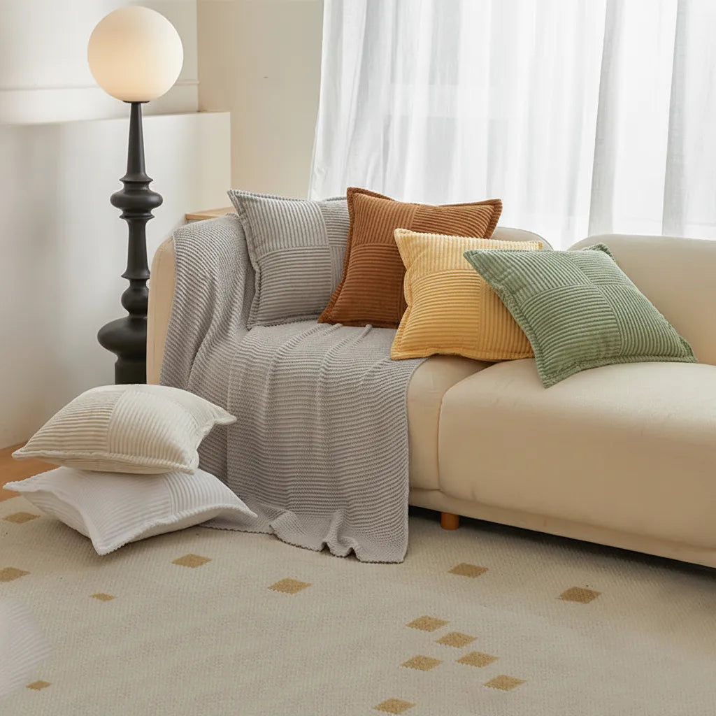 Les cinq coloris de housses de coussin en velours côtelé Mirlune